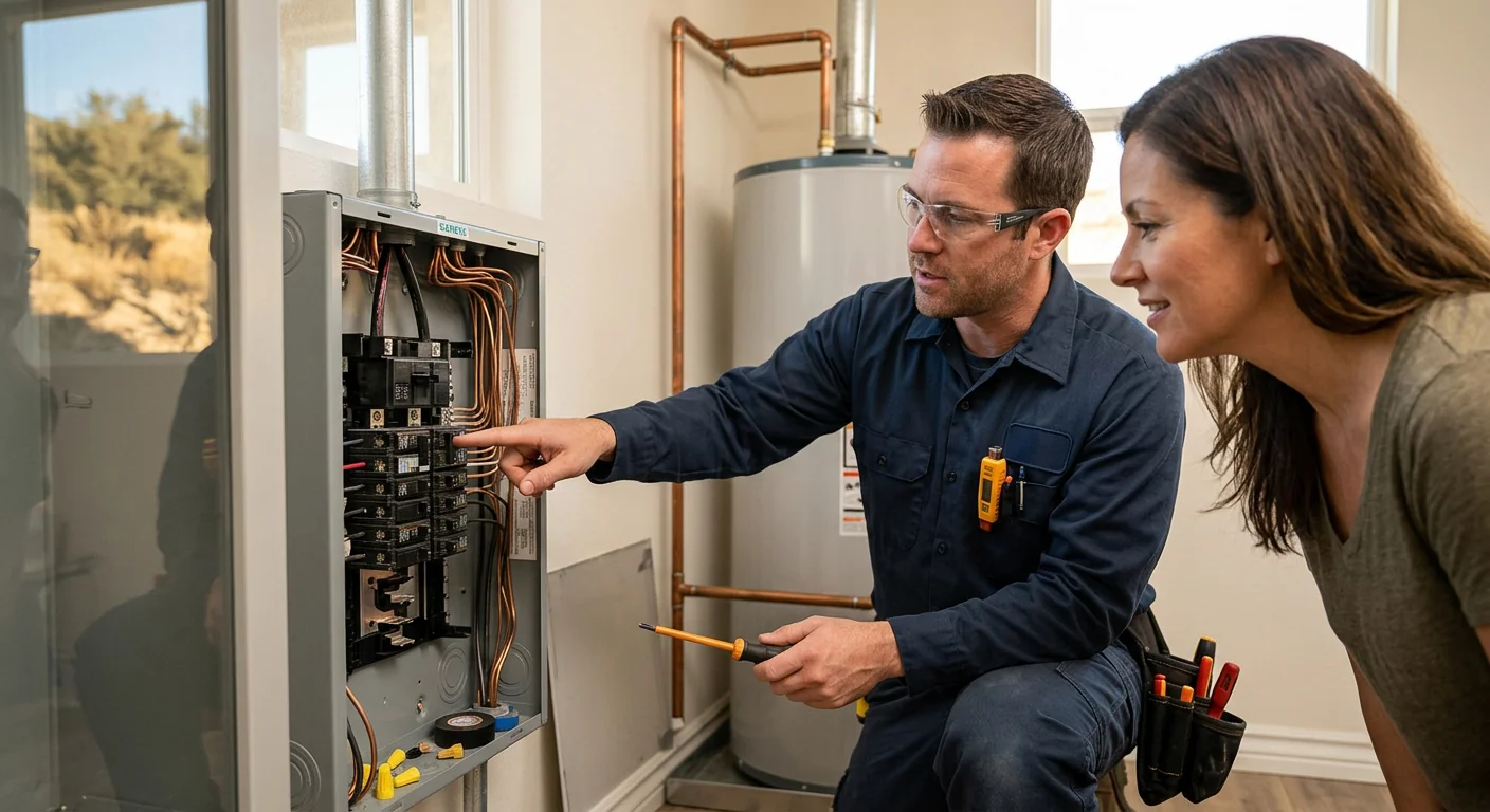 Electrician upgrading a residential breaker panel in a Highland home