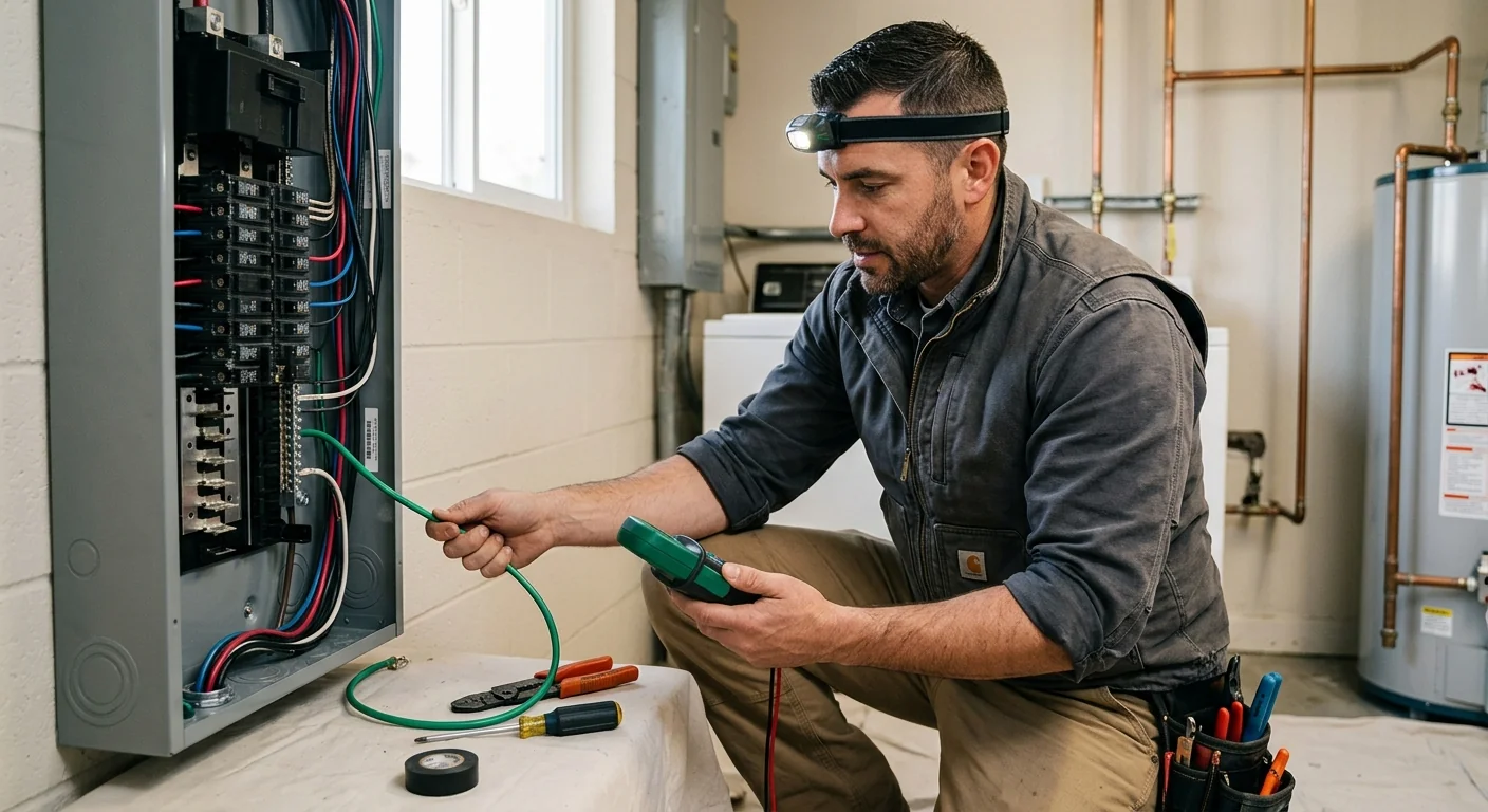 Electrician verifying grounding connections during a panel upgrade in Highland