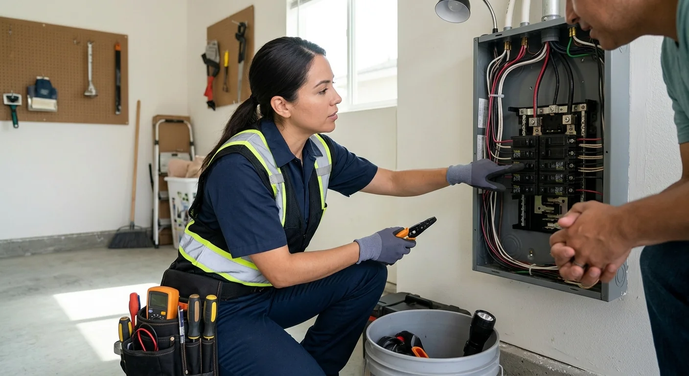 Electrician testing a residential breaker panel during an inspection in Highland