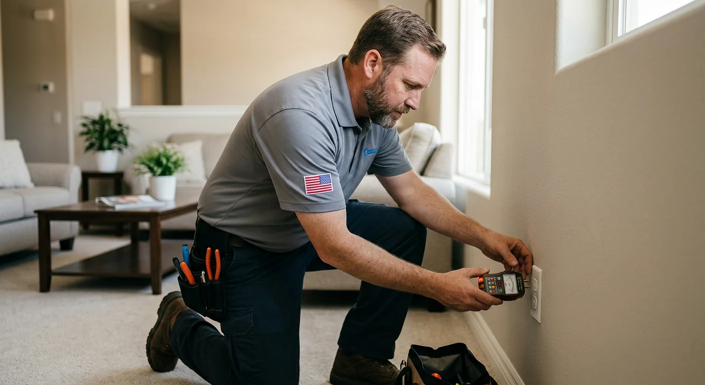 Calibrated tester checking outlet wiring during a Highland residential electrical inspection