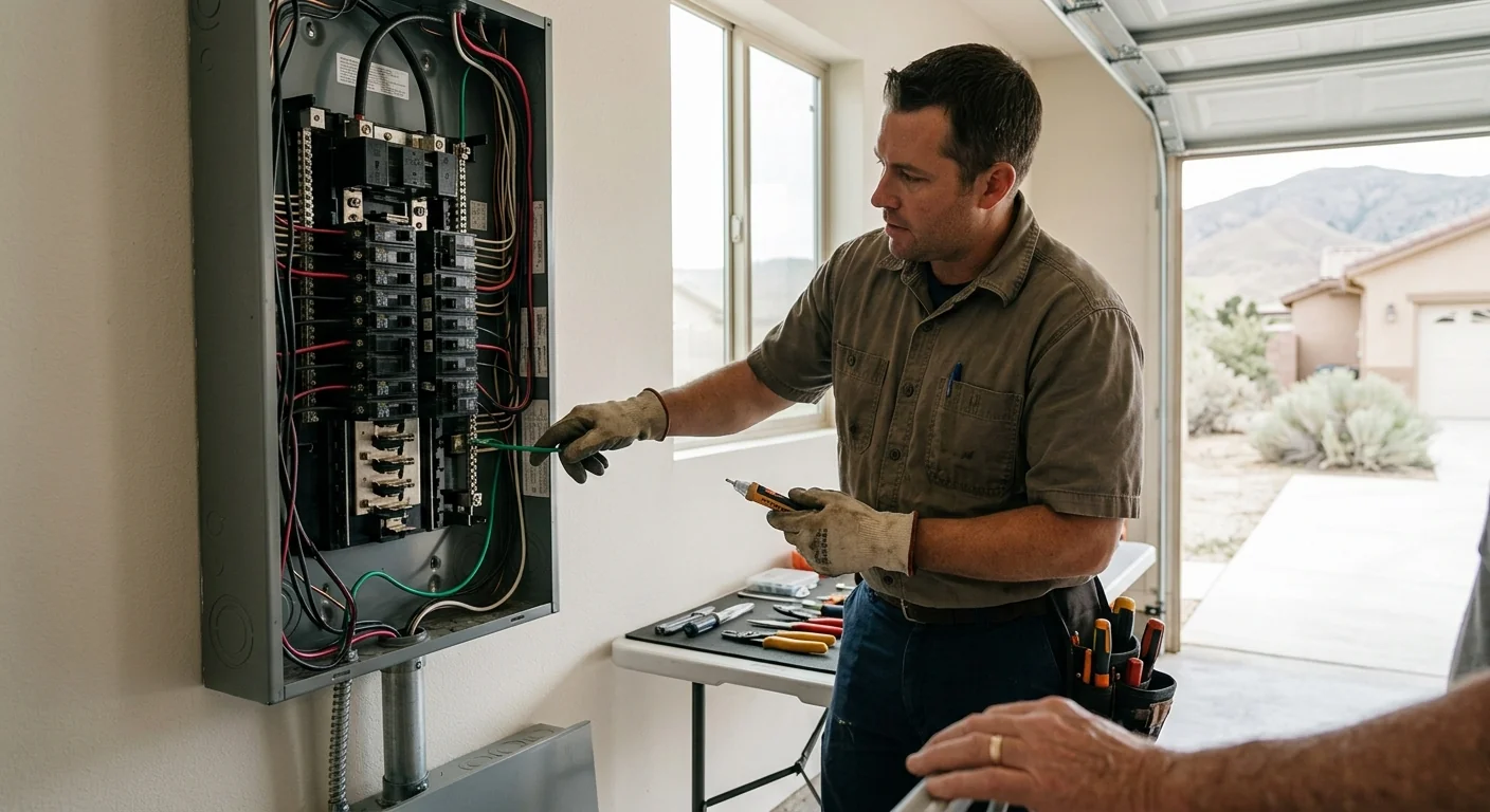 Electrician examining a service panel and grounding connections in a Highland home