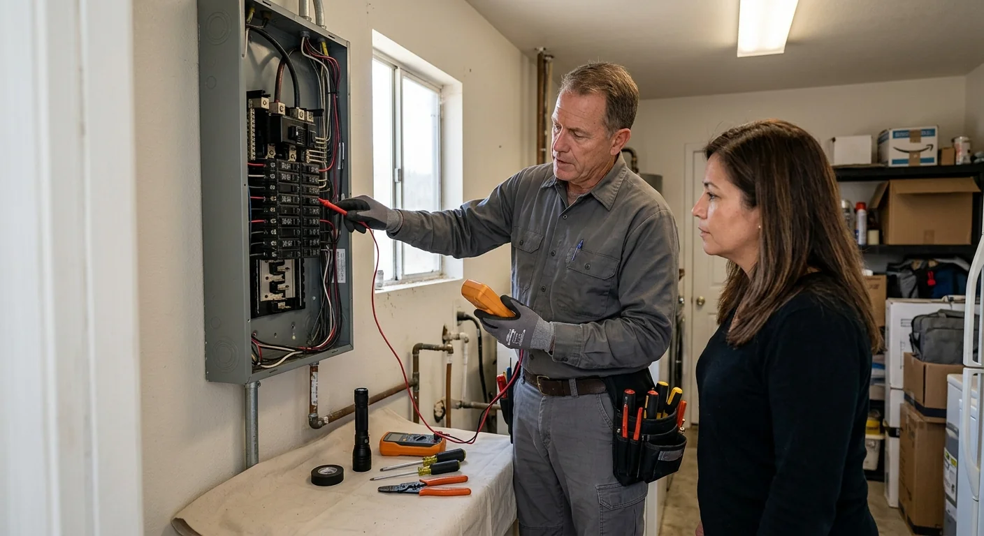 Highland electrician reviewing a written estimate with a homeowner at the kitchen table