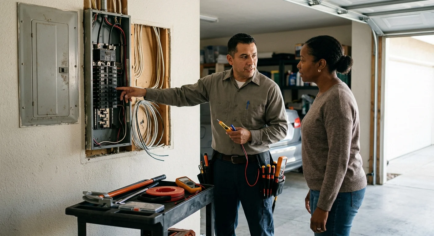Experienced electrician inspecting an electrical panel inside a Highland home