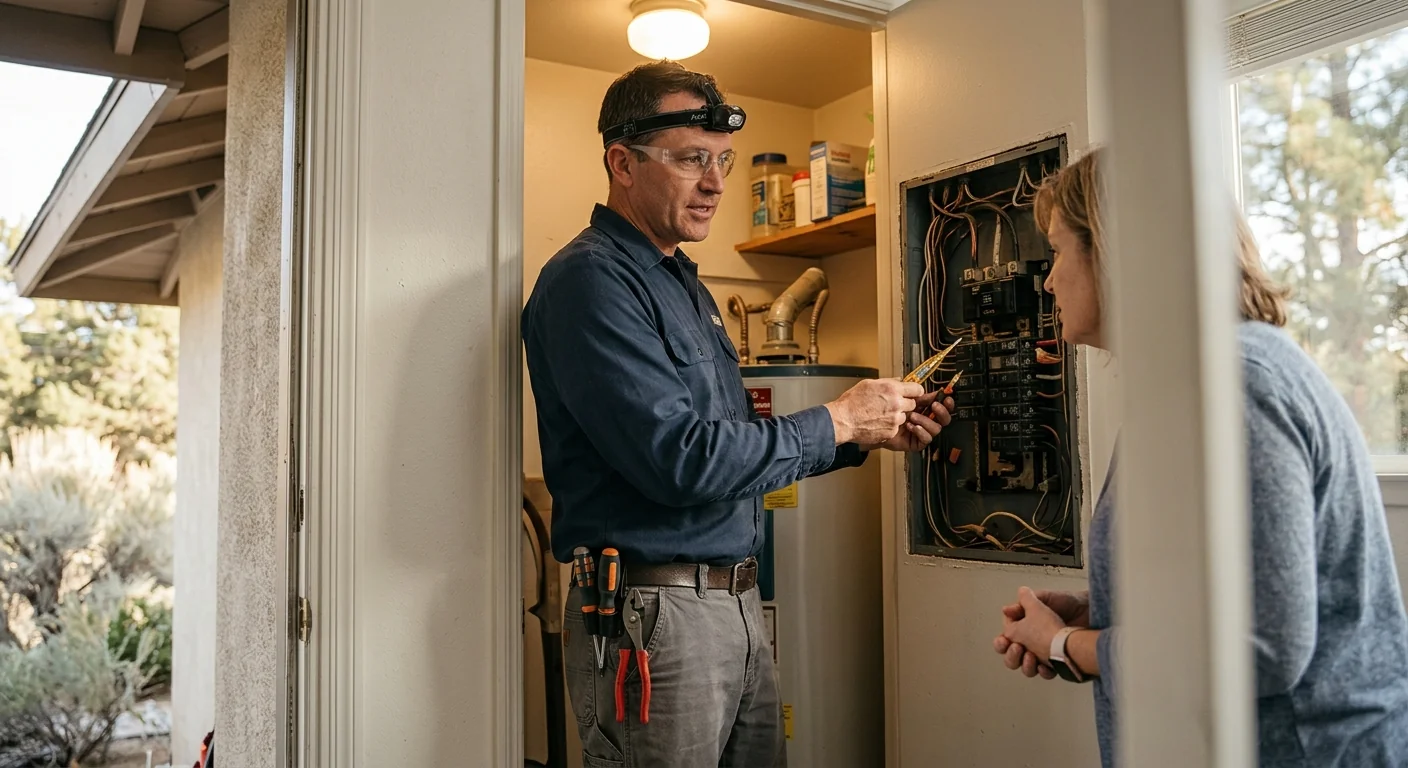 Electrician diagnosing an after-hours panel fault at a Highland home