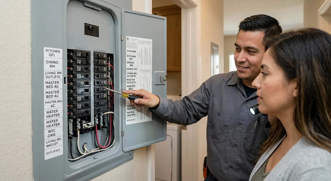 Neatly labeled breakers inside a service panel after emergency correction