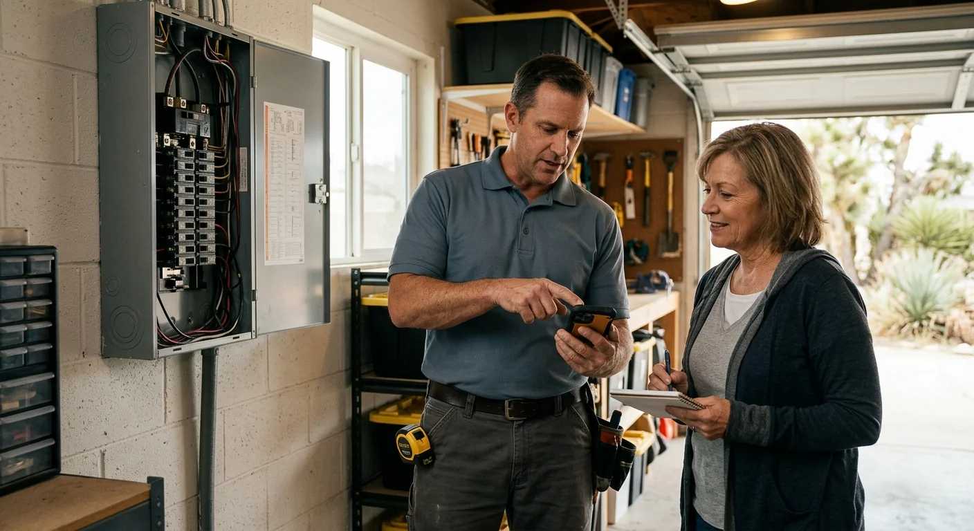 Electrician reviewing repair photos with a homeowner during a walkthrough