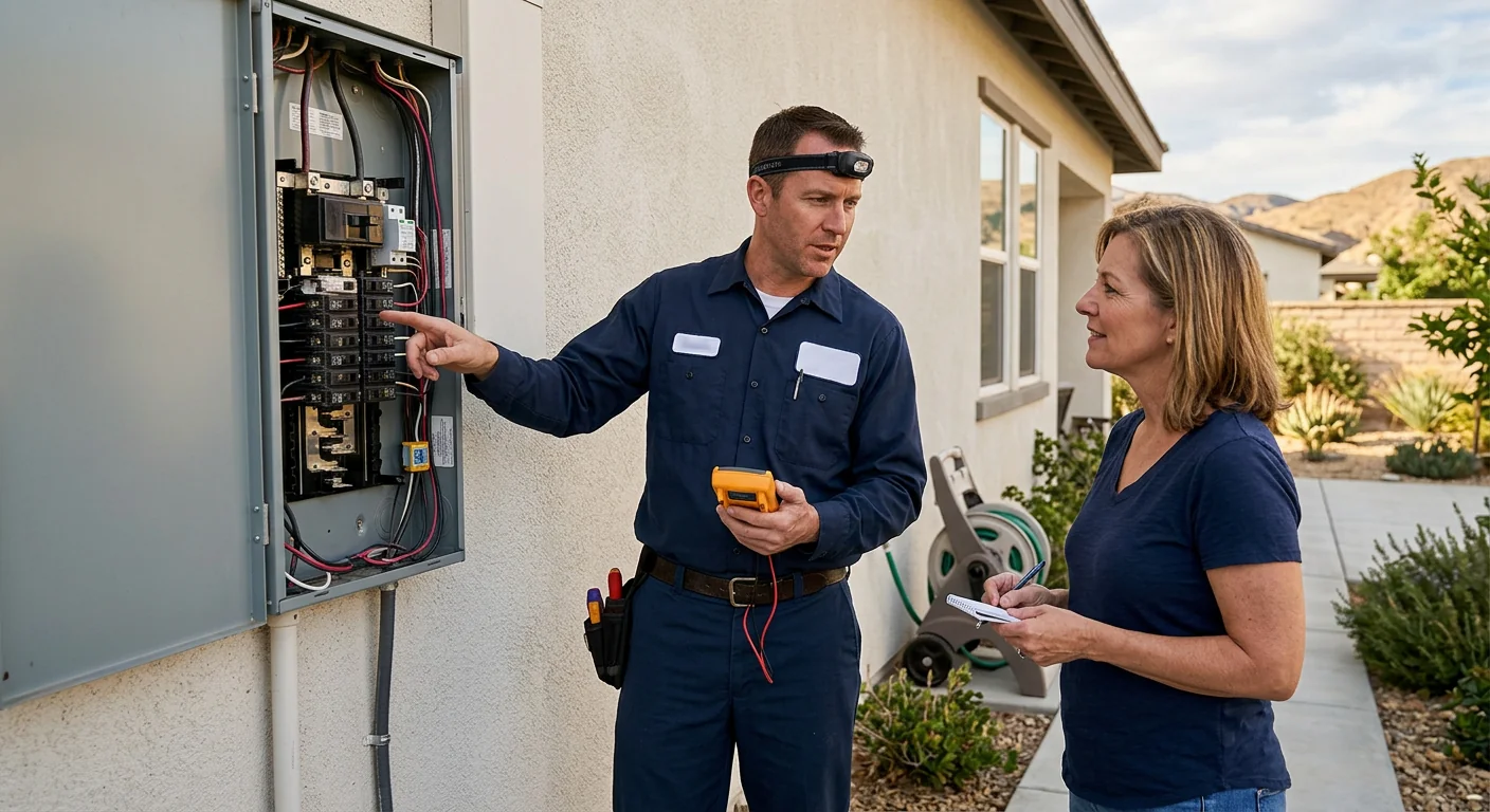 Electrician measuring garage wall for a residential EV charger circuit in Highland