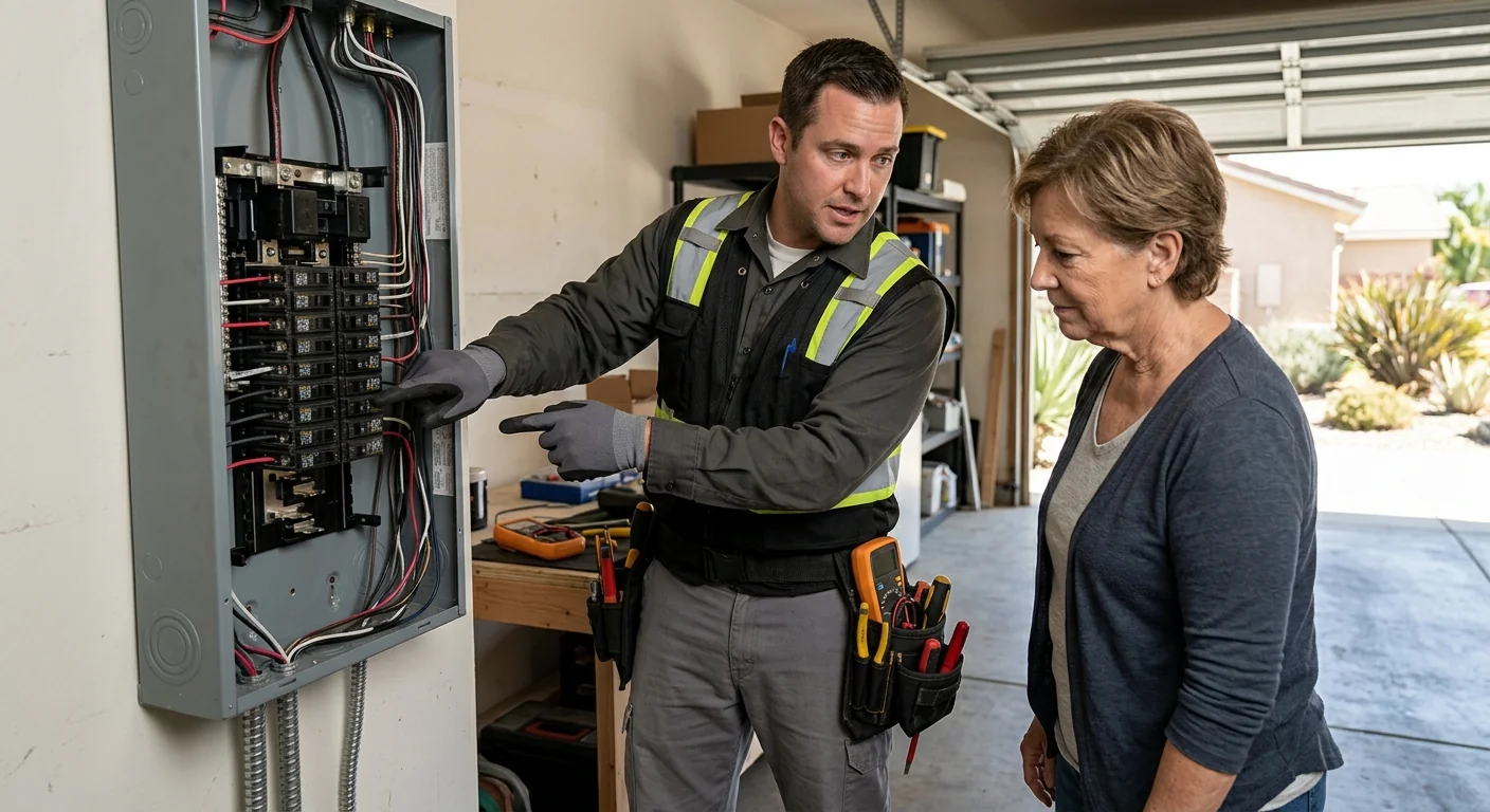 Homeowner inspecting a tripped breaker panel before EV charger installation in Highland