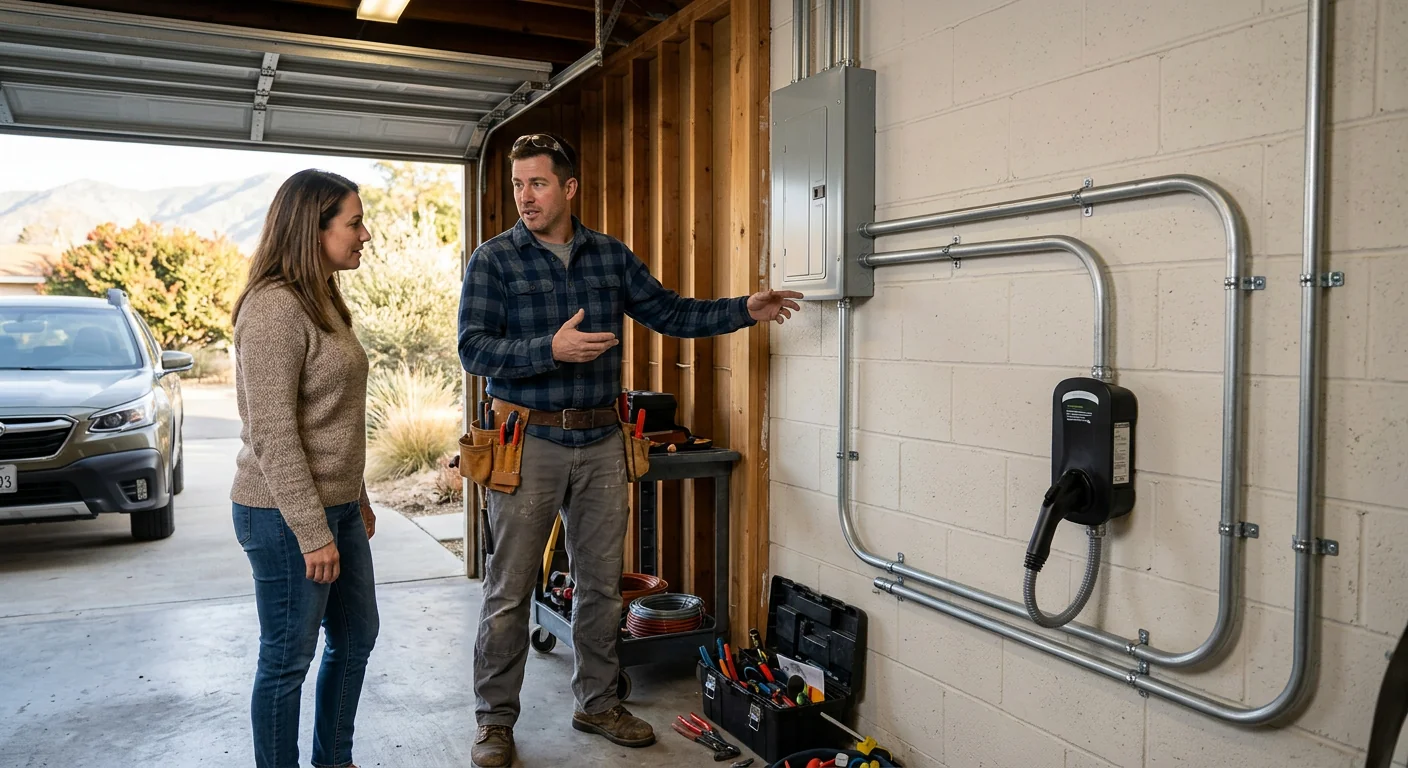 Neatly routed conduit feeding a wall-mounted EV charger in a Highland garage