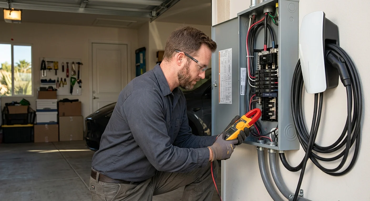 Electrician checking amperage on a new Level 2 charging circuit in Highland