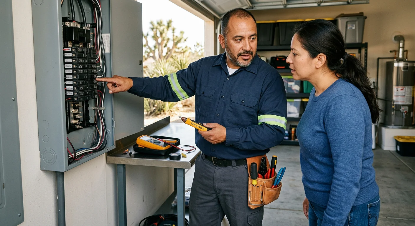 Technician reviewing standby generator placement and load calculations at a Highland home
