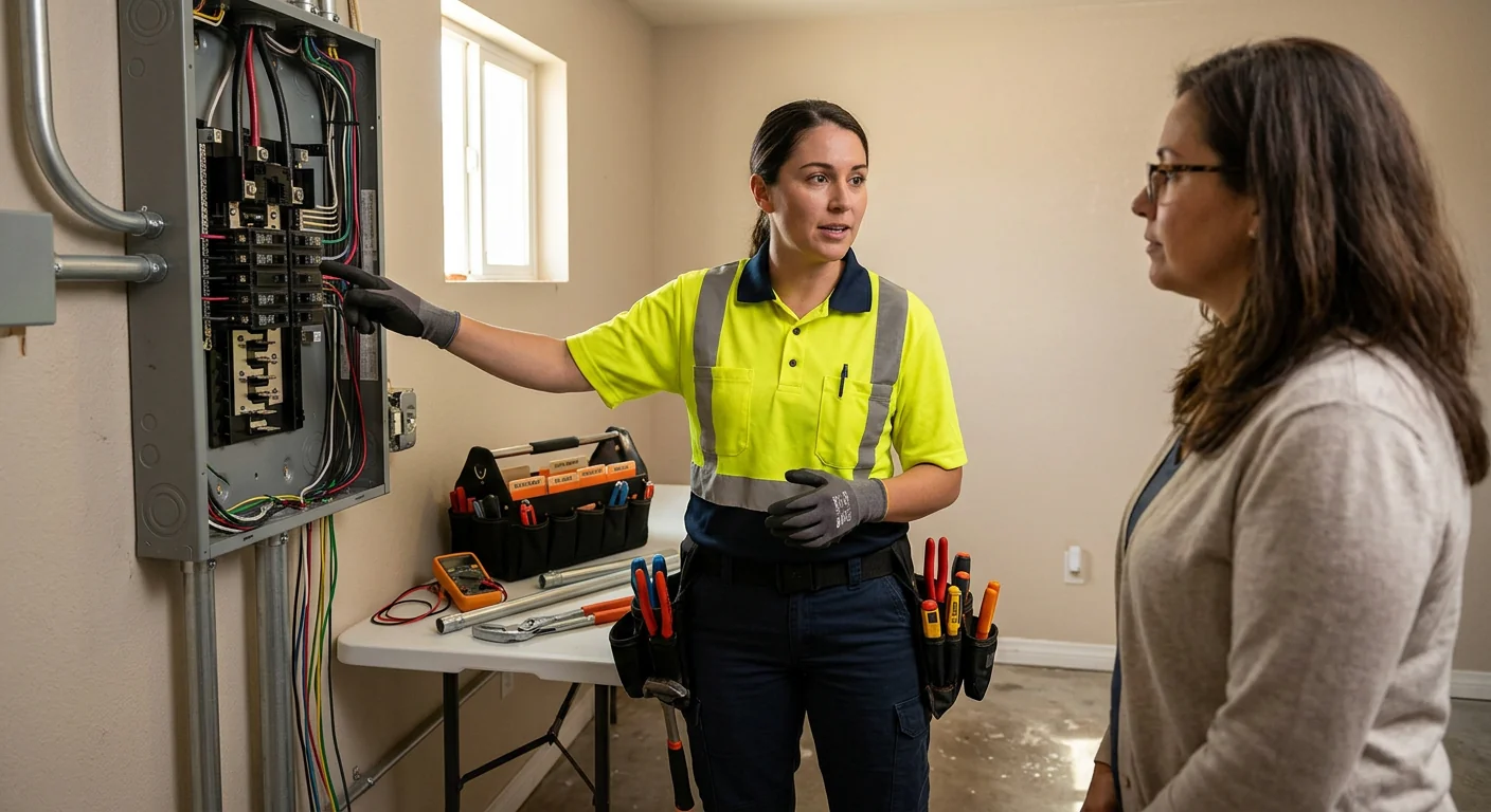 Technician wiring a standby generator transfer switch at a Highland home