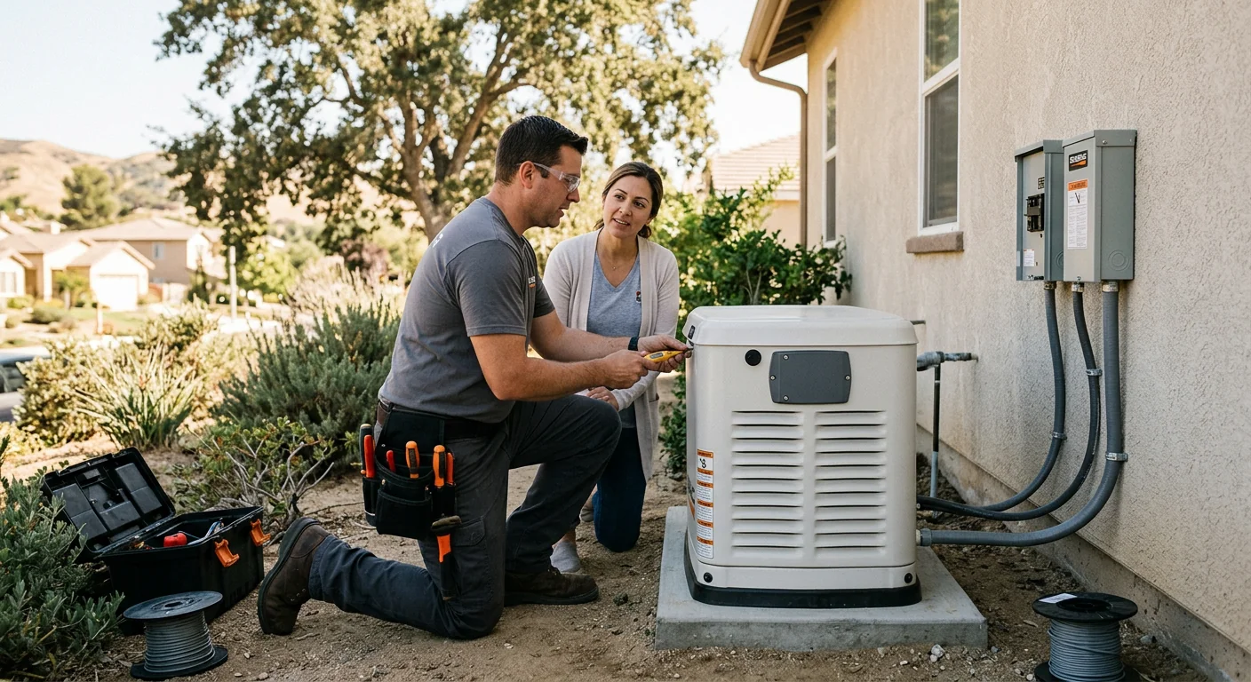 Standby generator set on a code-compliant pad beside a Highland residence