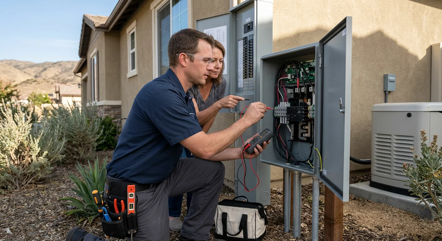 Electrician verifying transfer switch connections during a Highland generator installation