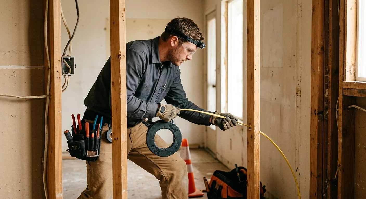 Technician fishing new copper cable through wall framing during a Highland rewire