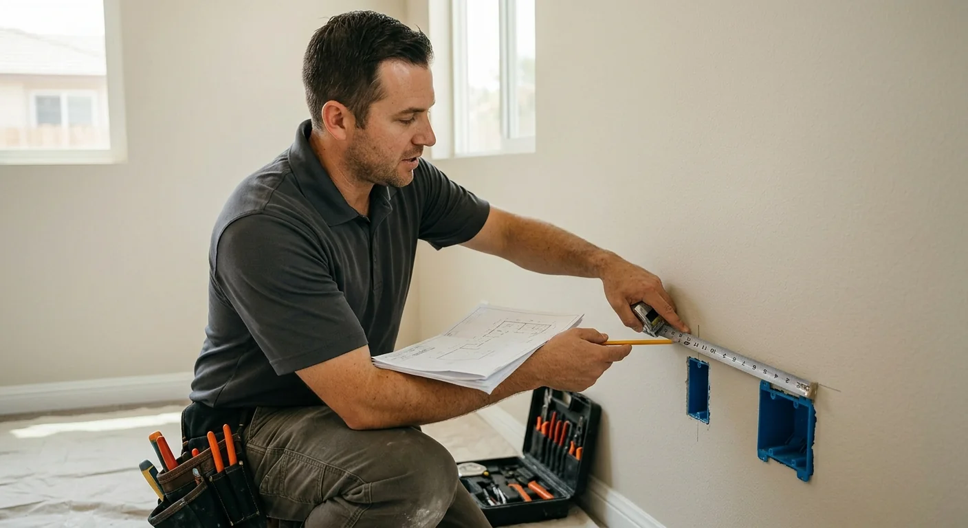 Technician confirming outlet placement measurements against a finished interior wall